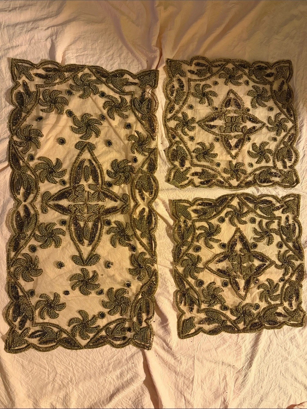 Gold Beaded Floral Embellished Textile Panel for coffee and living room table
